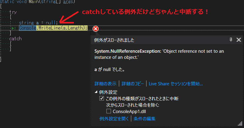 Visualstudio Catchしている例外発生時にも中断させる方法 さんさめのc ブログ